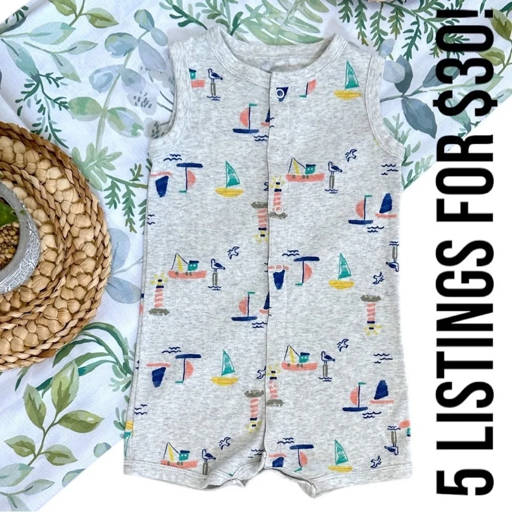 Carter’s Toddler Boy Sailboat Snap Up Sleeveless Romper Size 24 Months